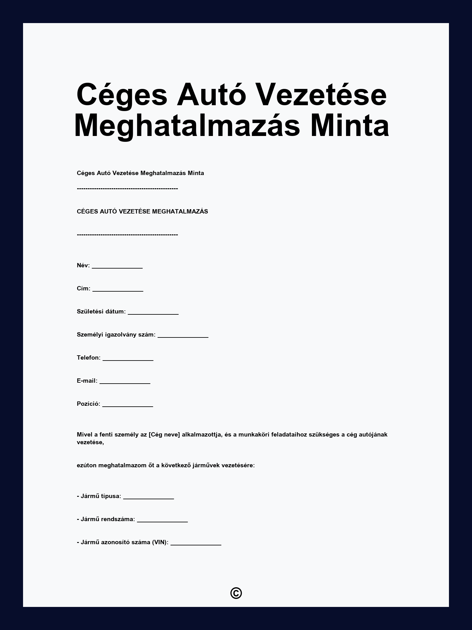 Céges Autó Vezetése Meghatalmazás Minta