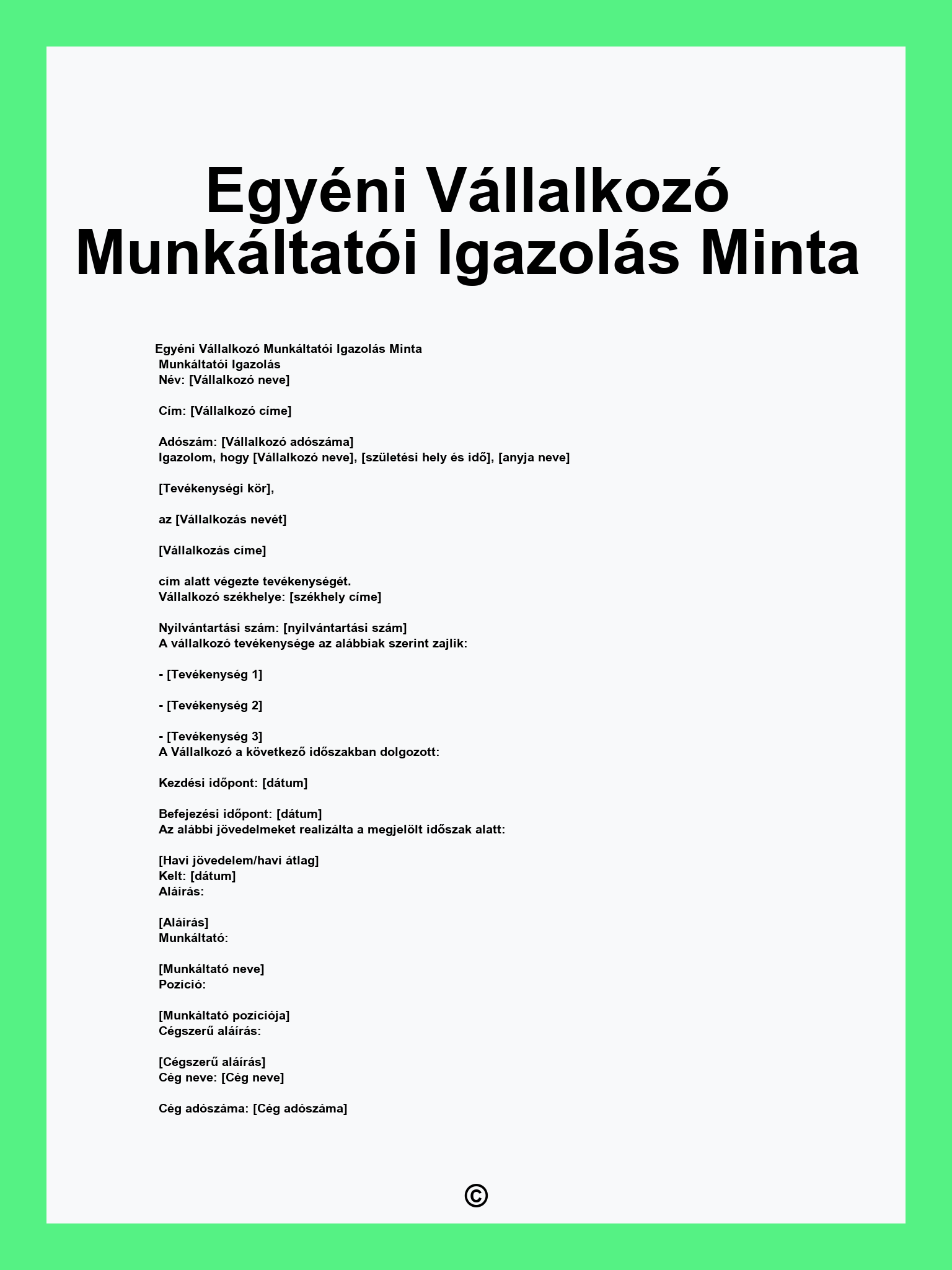 Egyéni Vállalkozó Munkáltatói Igazolás Minta