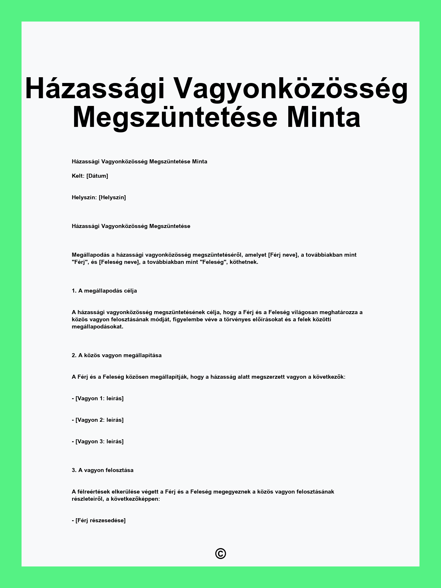 Házassági Vagyonközösség Megszüntetése Minta