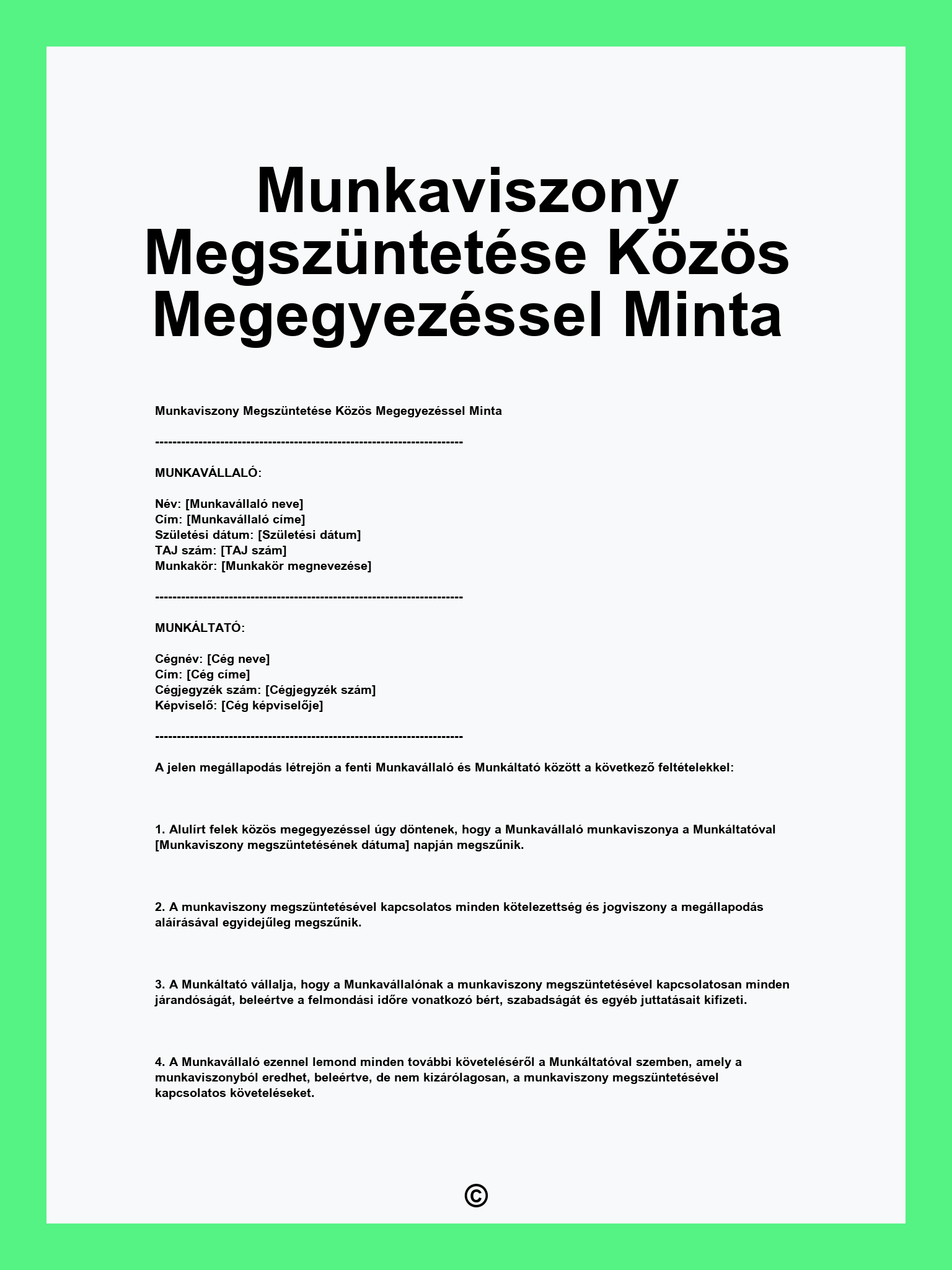Munkaviszony Megszüntetése Közös Megegyezéssel Minta
