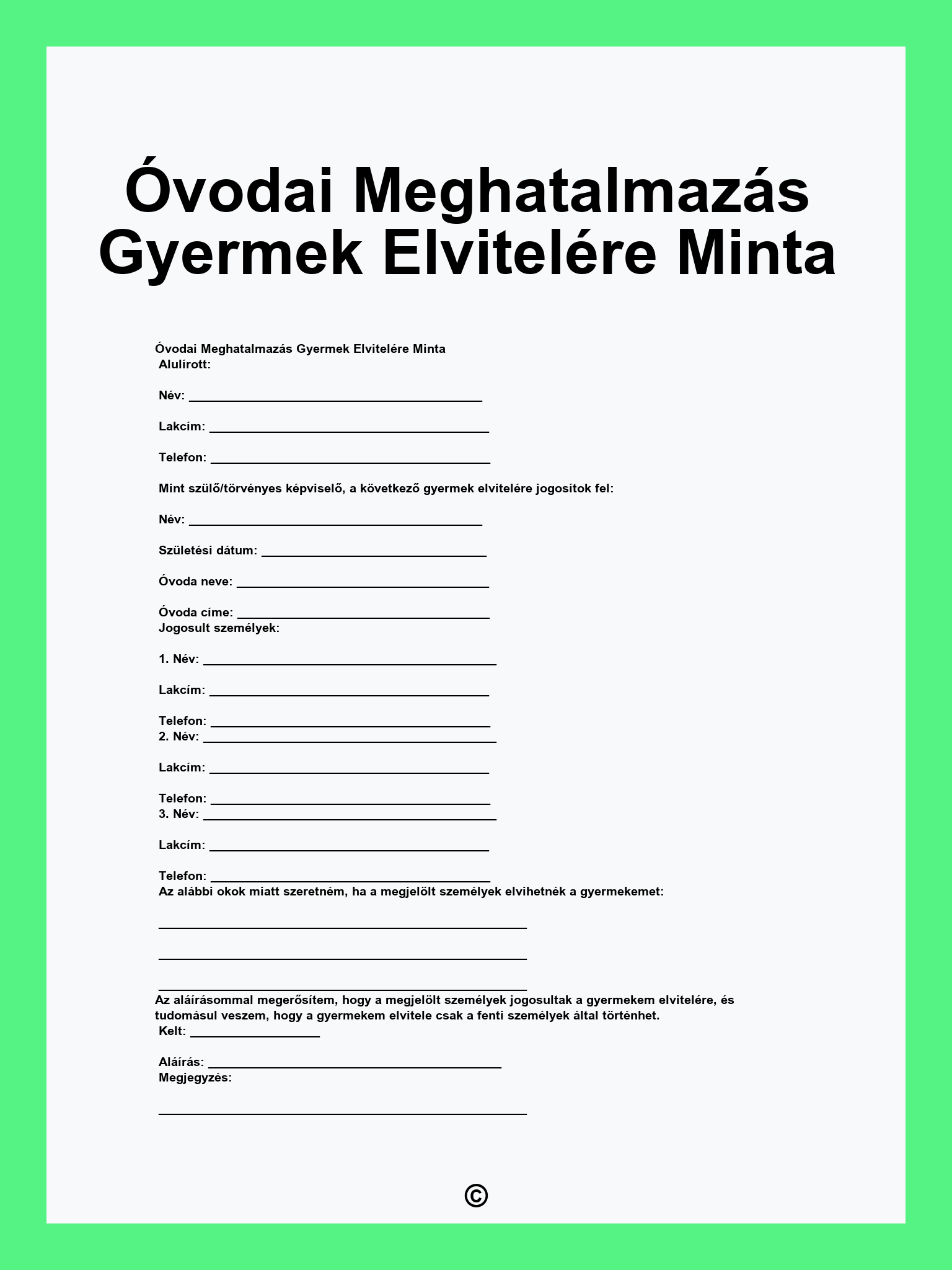 Óvodai Meghatalmazás Gyermek Elvitelére Minta