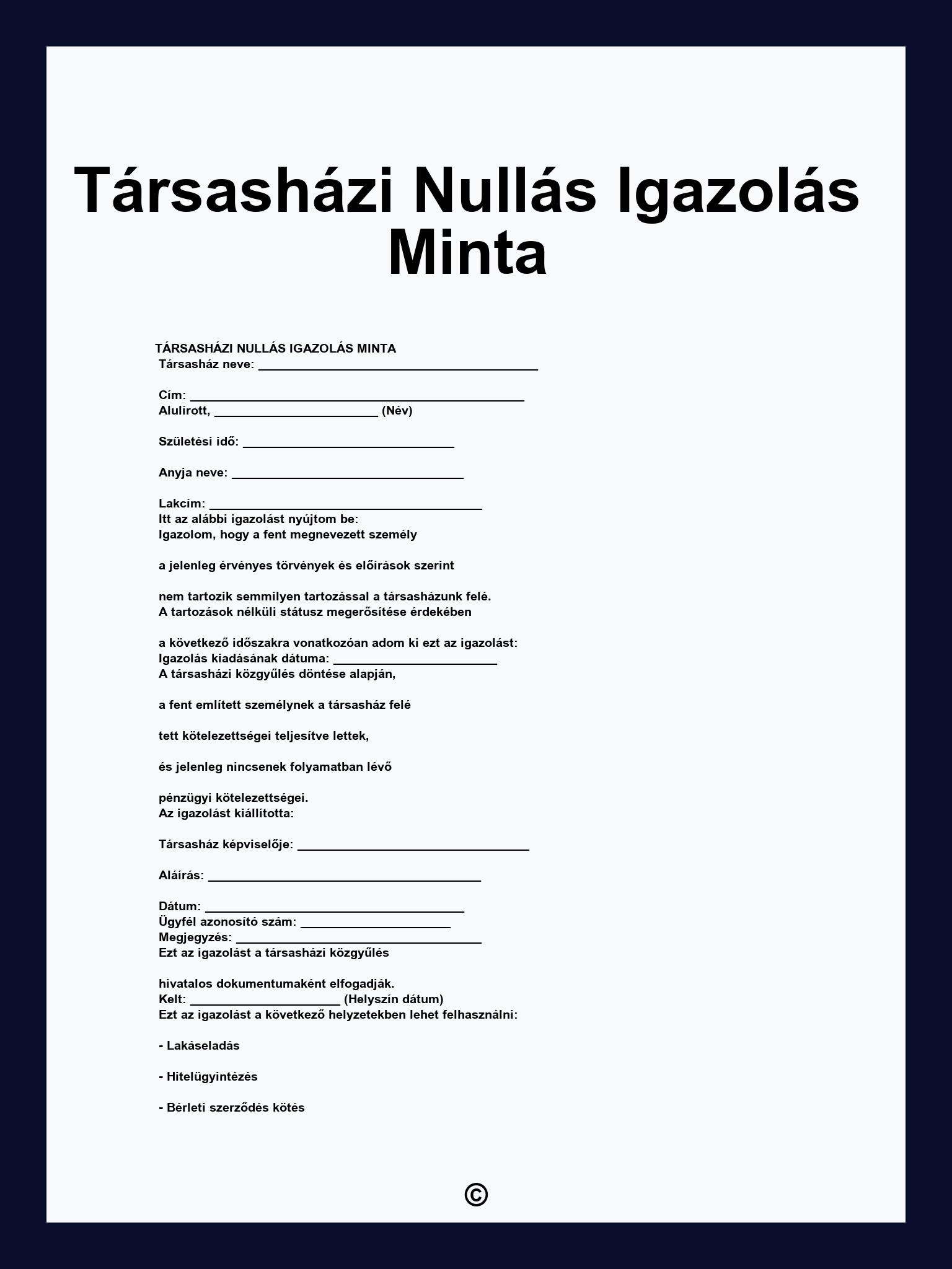 Társasházi Nullás Igazolás Minta