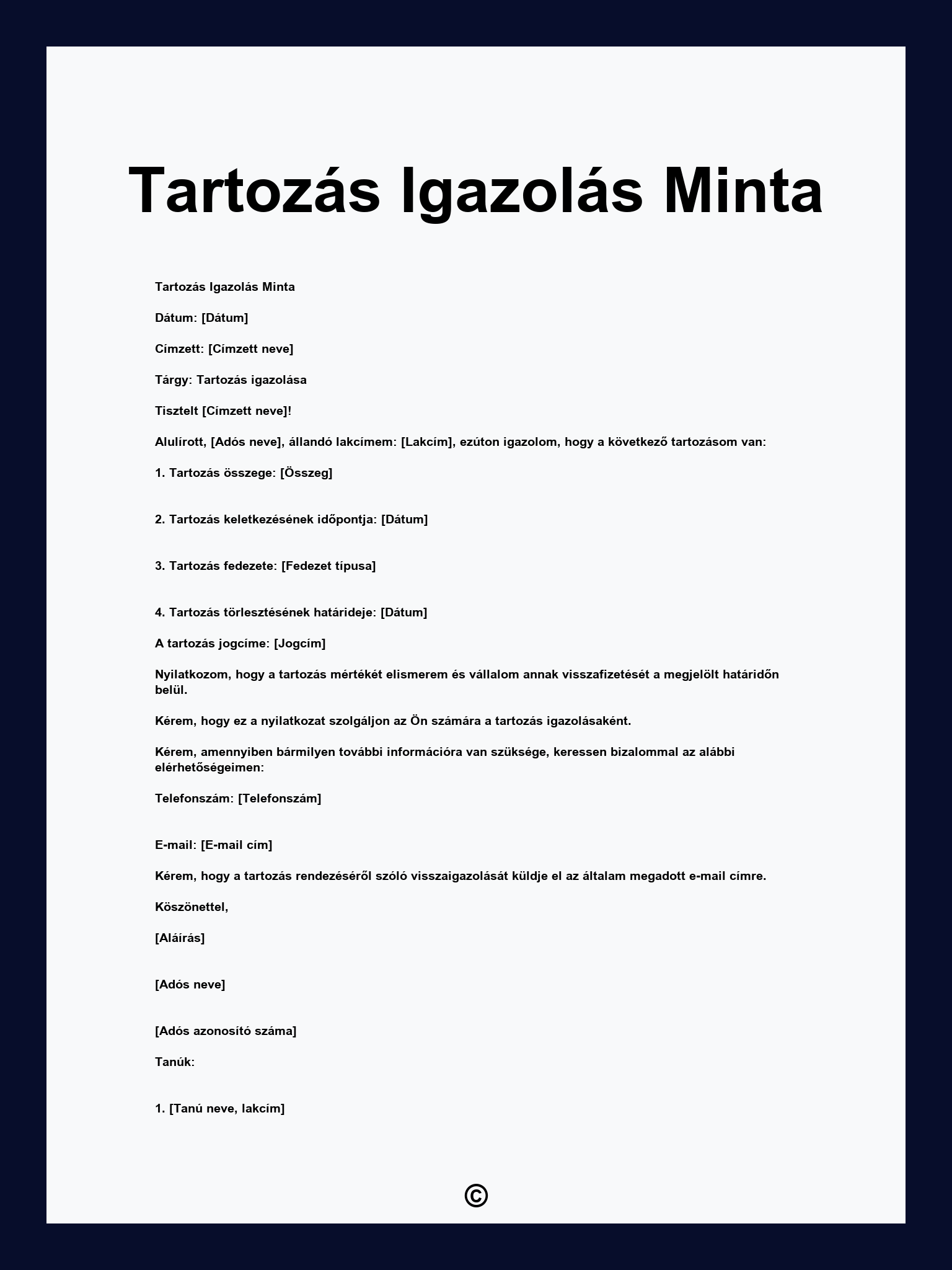 Tartozás Igazolás Minta
