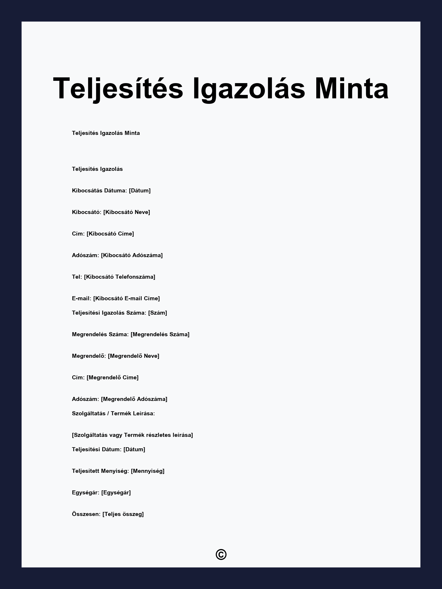 Teljesítés Igazolás Minta