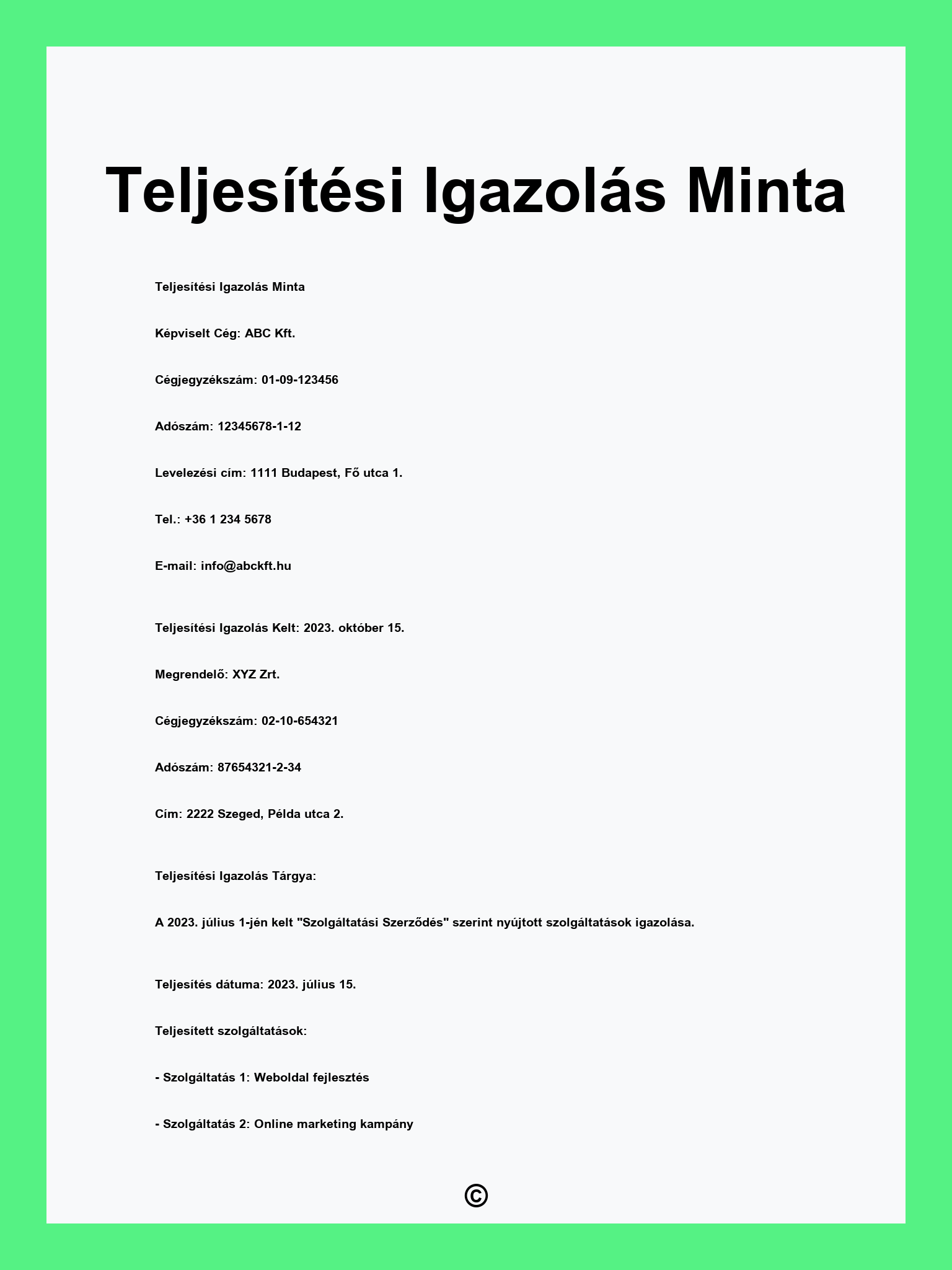 Teljesítési Igazolás Minta