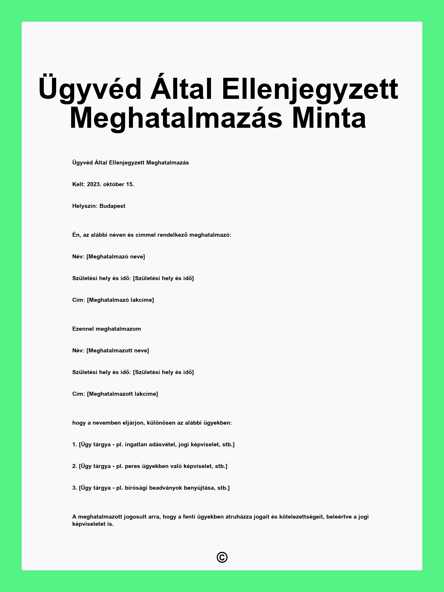 Ügyvéd Által Ellenjegyzett Meghatalmazás Minta